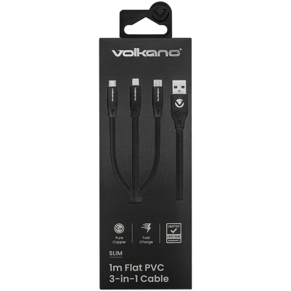 Volkano Slim Series Flat PVC 3-in-1 (Type-C / Lightning / Micro) Cable 30W 1m- Black