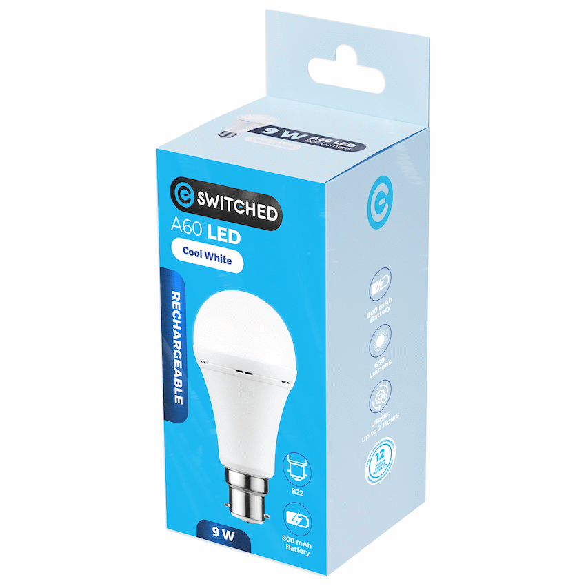 Switched 9w A60 Rechargeable LED Light Bulb - B22 - Cool White