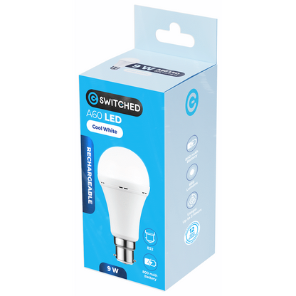Switched 9w A60 Rechargeable LED Light Bulb - B22 - Cool White