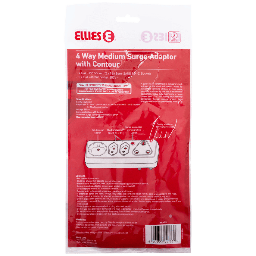 Ellies 4-Way Surge Adaptor with Schuko - WT