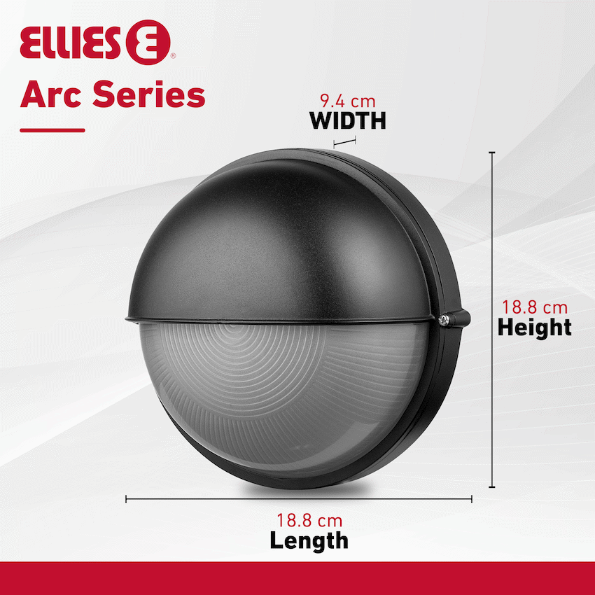Ellies Arc Series - AC Round Bulkhead - Aluminium + Glass - E27 Base -BK