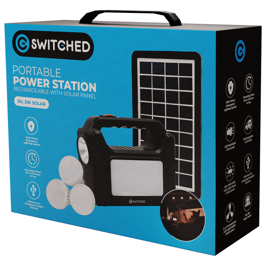 Switched Portable Power Station with Solar Panel - Black