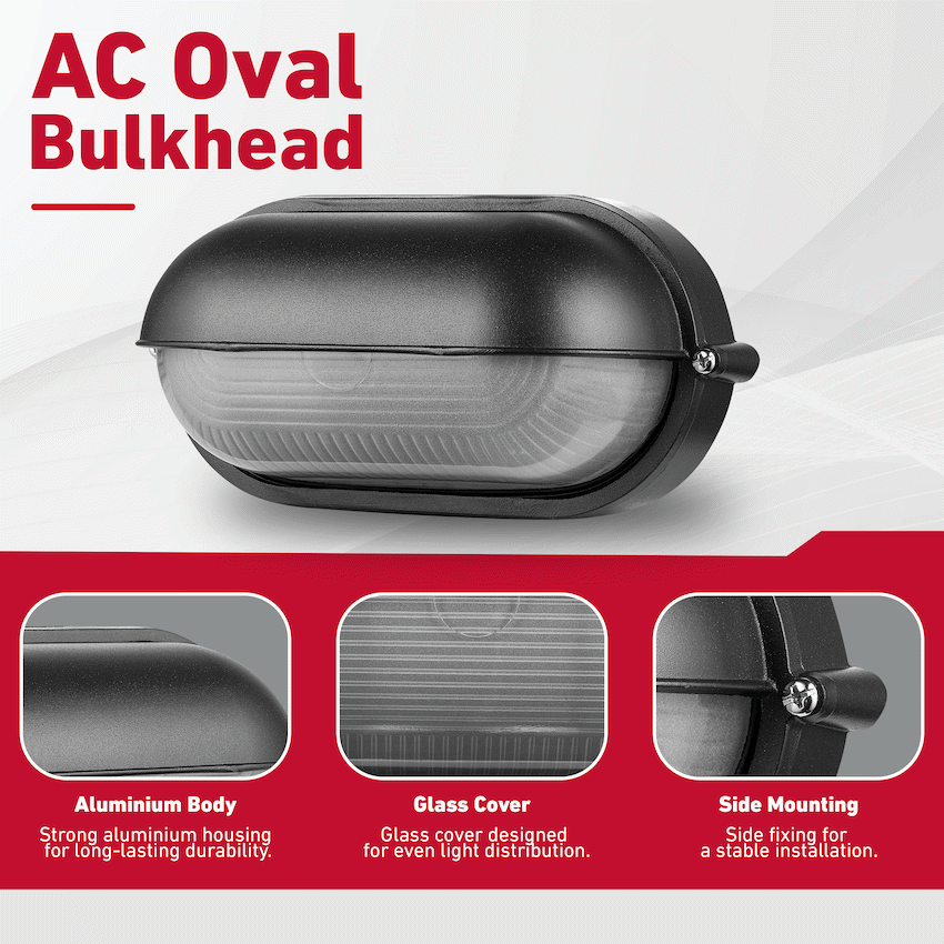 Ellies Arc Series - AC Oval LED Bulkhead - Aluminium + Glass - E27 Base -BK