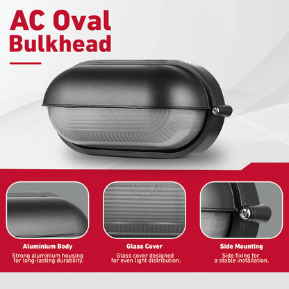 Ellies Arc Series - AC Oval LED Bulkhead - Aluminium + Glass - E27 Base -BK