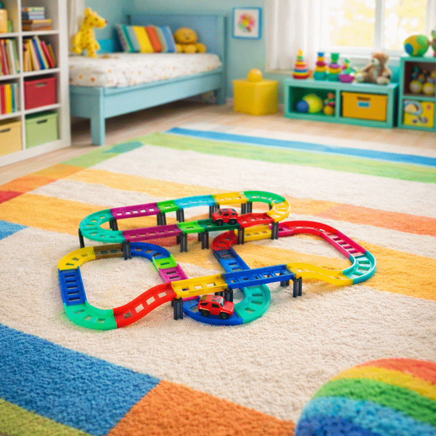 Edu-Matic Mini-Mag Magnetic Tile Tracks with 2 Cars and 93 Pieces