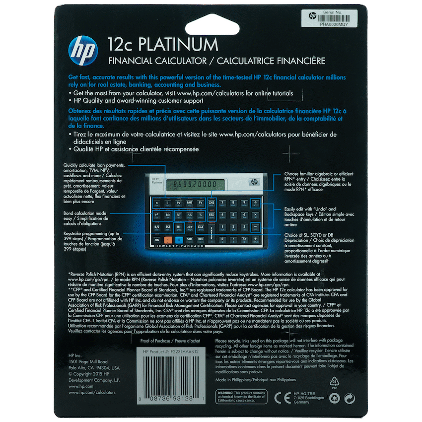 HP 12C Platinum Financial Calculator (Algebraic or RPN)