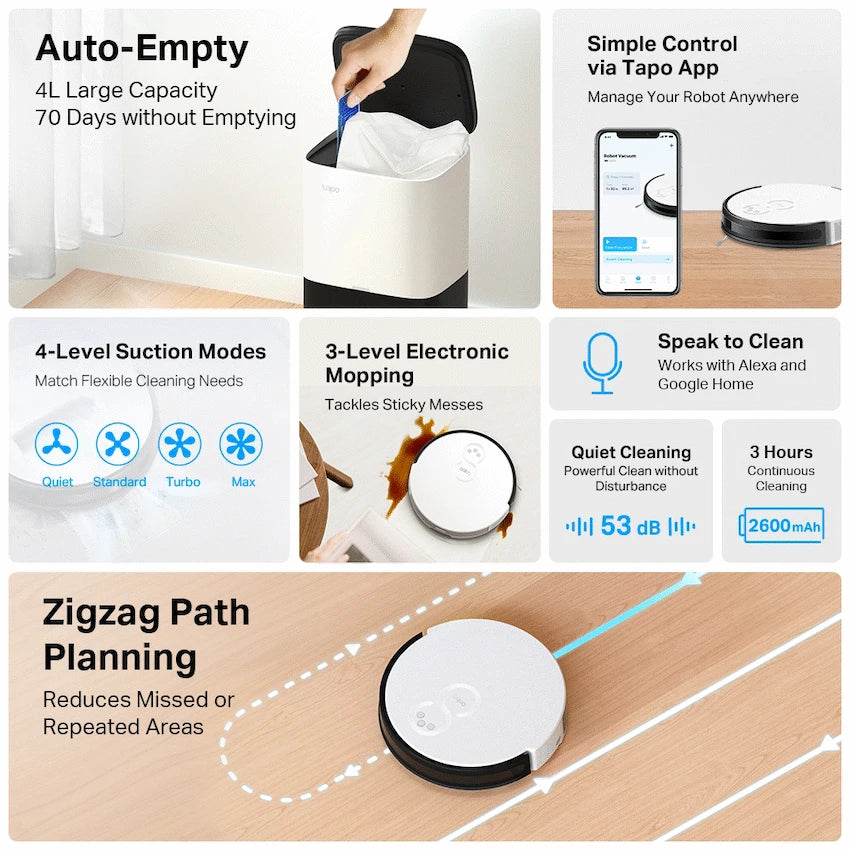 TP-Link Tapo RV10 Plus Robot Vacuum, Mop, Auto Empty, Gyroscope, 2600mah, 300ml