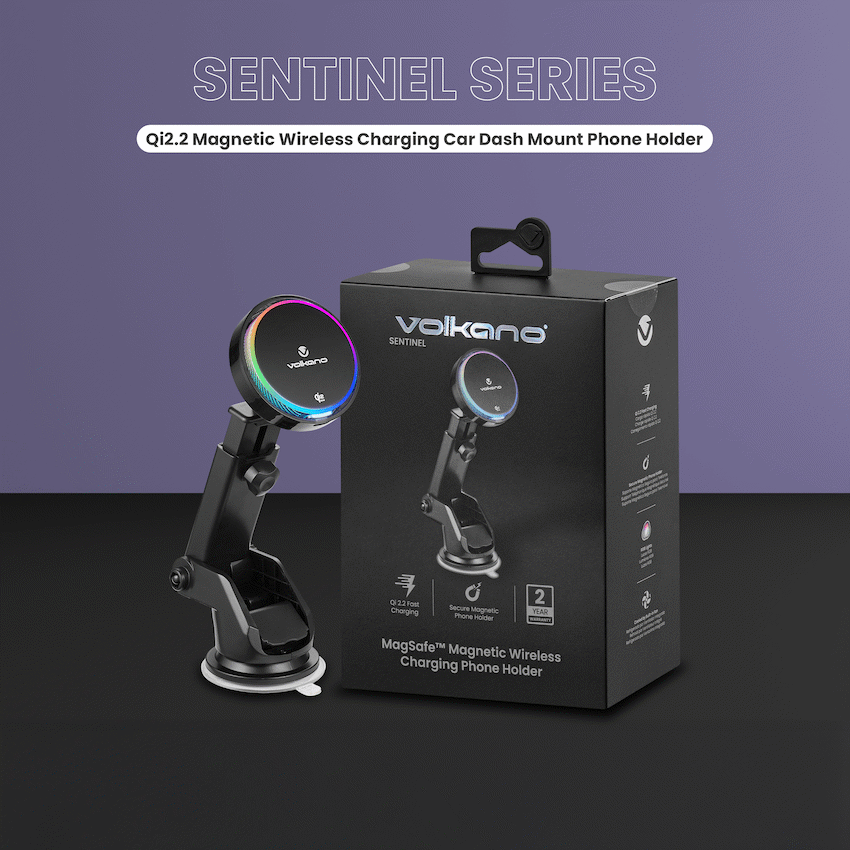 Volkano Sentinel Series Qi2.2 Magnetic Wireless Charging Car Dash Mount Phone Holder - Black