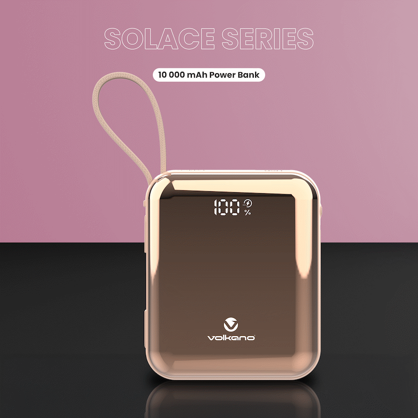 Volkano Solace Series 10 000 mAh Power Bank with Built-in USB-C & Lightning Cable - Pink & Rose Gold