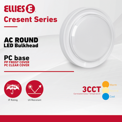 Ellies Cresent Series AC 24W Round LED Bulkhead - PC - WT