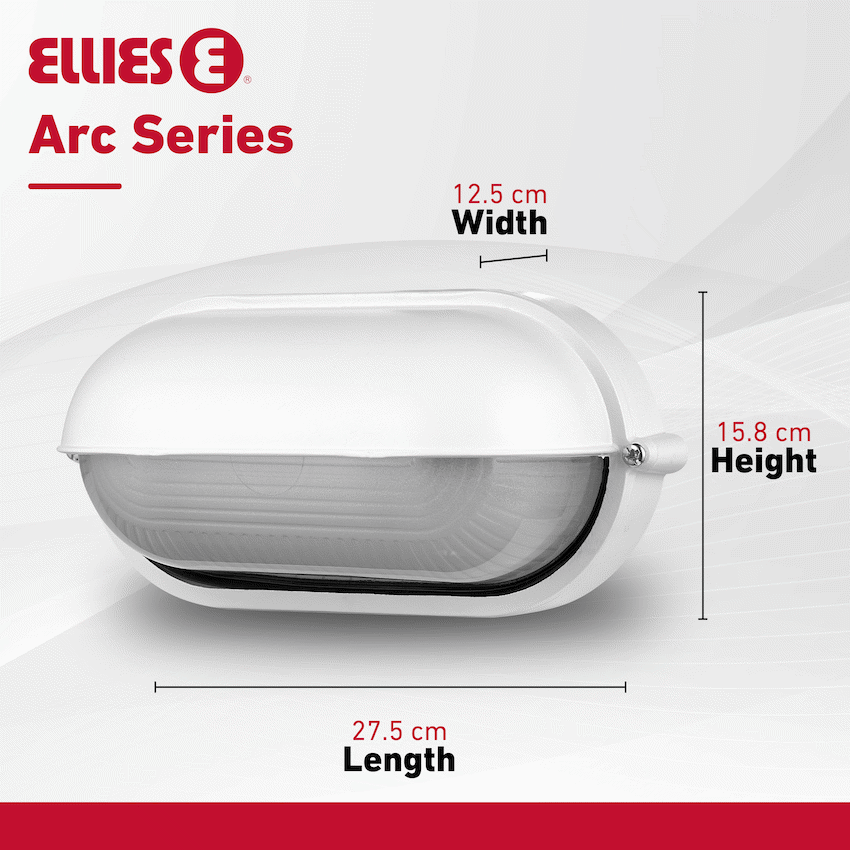Ellies Arc Series - Large AC Oval Bulkhead - Aluminium + Glass - E27 Base -WT