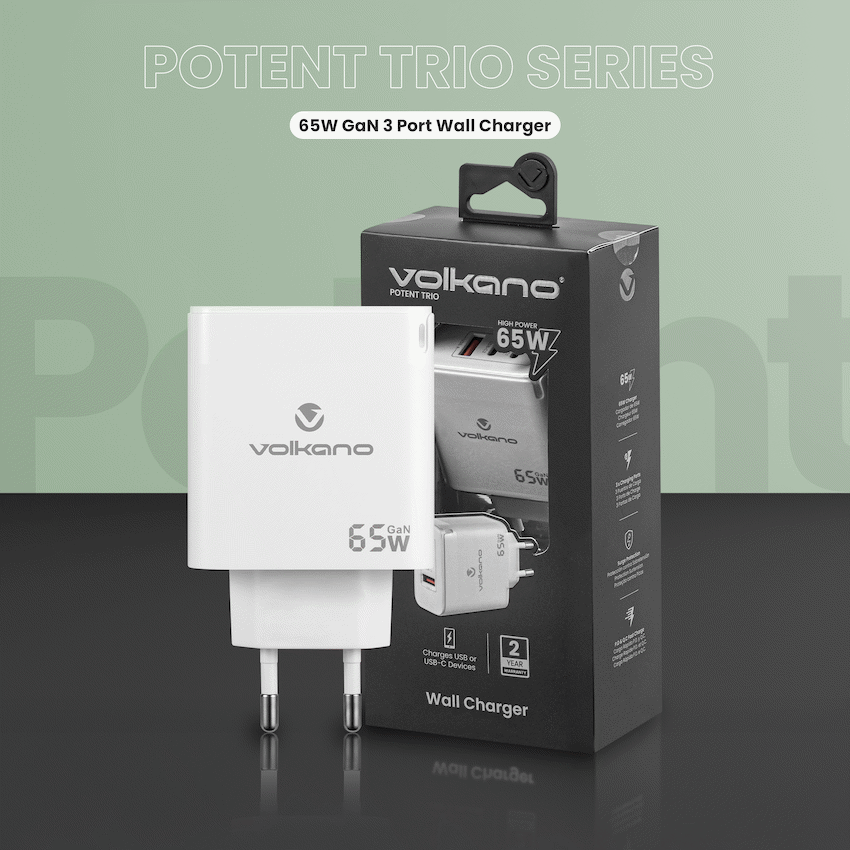 Volkano Potent Trio 65w GaN 3 Port Wall Charger