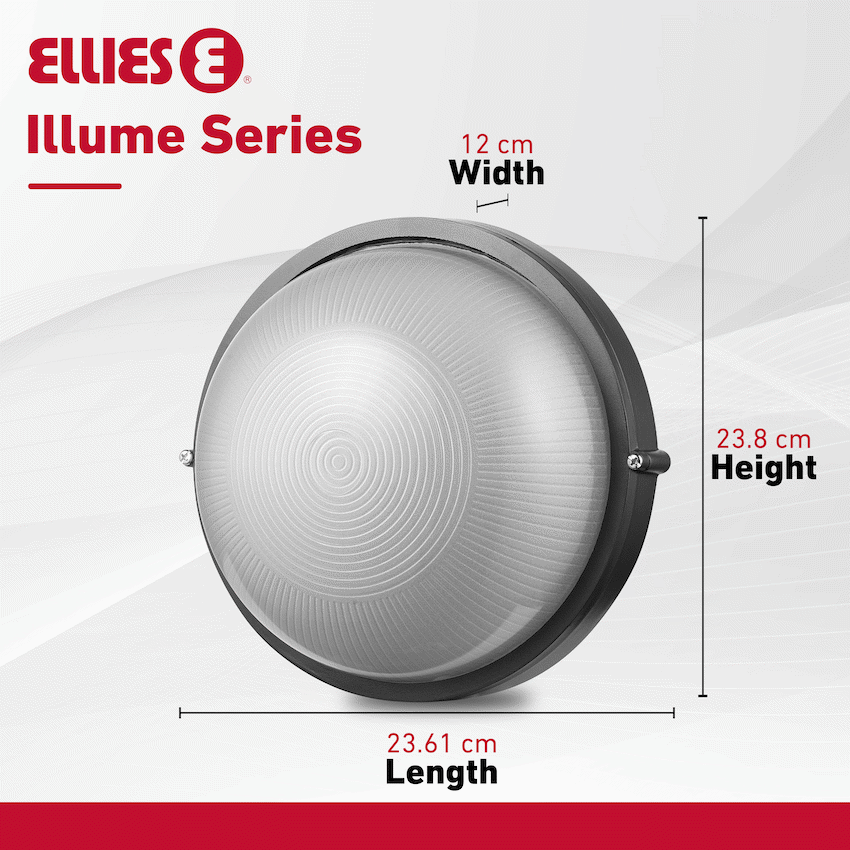 Ellies Illume Series - Large AC Round Bulkhead - Aluminium + Glass - E27 Base -BK
