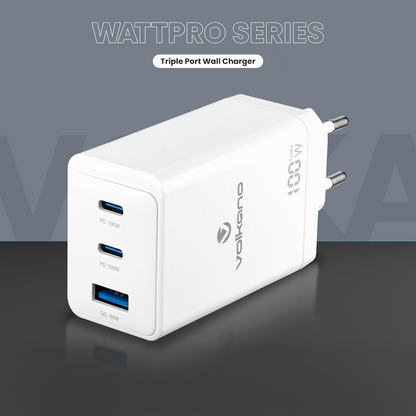 Volkano WattPro Series Triple Port 100W GaN Wall Charger - White
