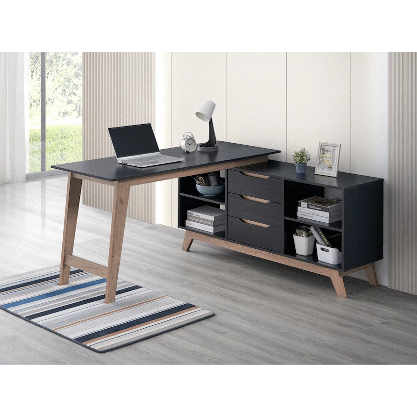 Everfurn Premium Lunar Office Desk - Black, L-Shaped Desk, With Storage