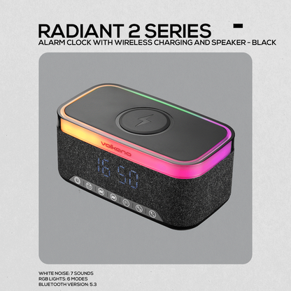 Volkano Radiant 2 Alarm Clock with Wireless Charging and Speaker - Black