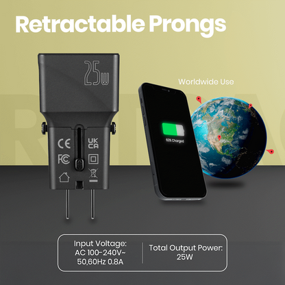 Volkano Globetrotter Series 25w Dual USB + Type-C Mini Travel Adaptor