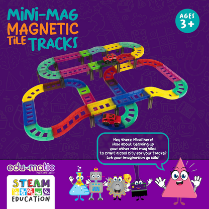 Edu-Matic Mini-Mag Magnetic Tile Tracks with 2 Cars and 93 Pieces