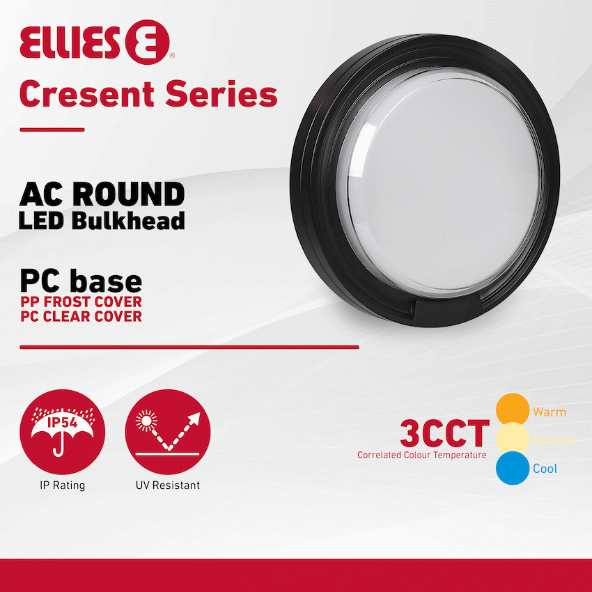 Ellies Cresent Series AC 24W Round LED Bulkhead - PC - BK