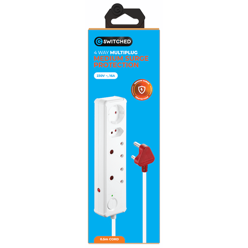 Switched 4-Way Medium Surge-Protected Multiplug 0.5m Cord - White
