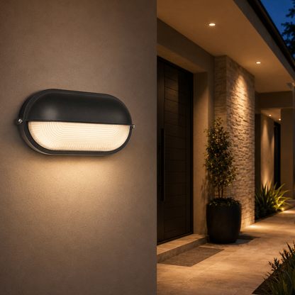 Ellies Arc Series - Large AC Oval Bulkheads - Aluminium + Glass - E27 Base -BK