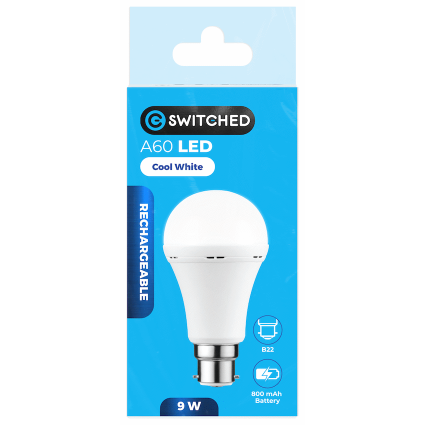 Switched 9w A60 Rechargeable LED Light Bulb - B22 - Cool White
