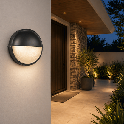 Ellies Arc Series - Large AC Round Bulkhead - Aluminium + Glass - E27 Base -BK