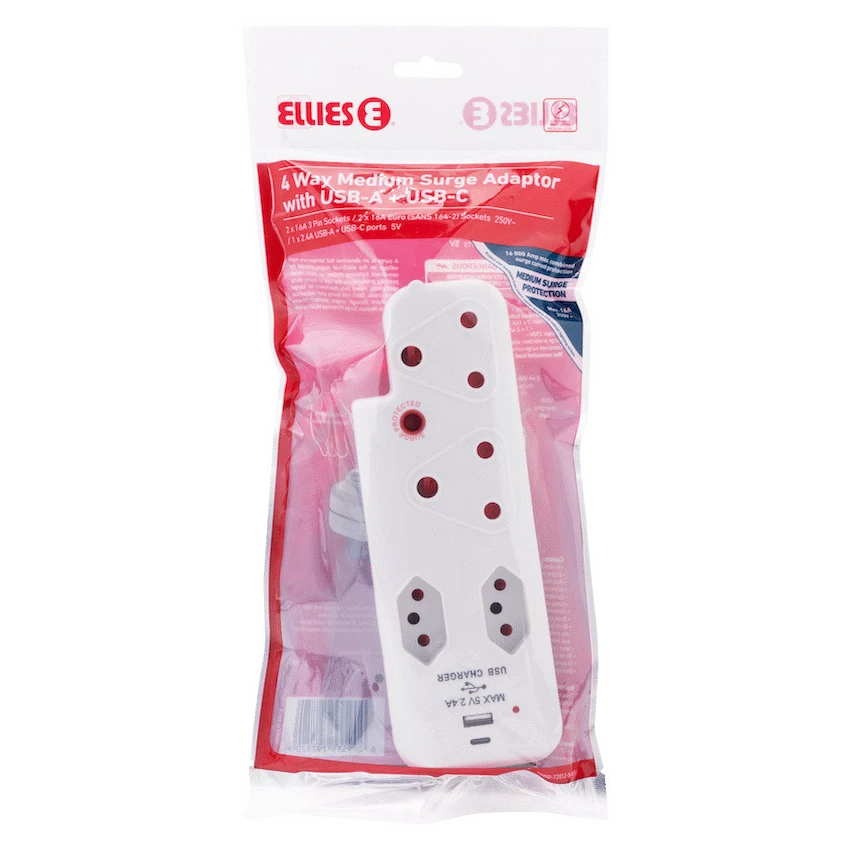 Ellies  4 Way Surge adaptor with type C + USB - WT