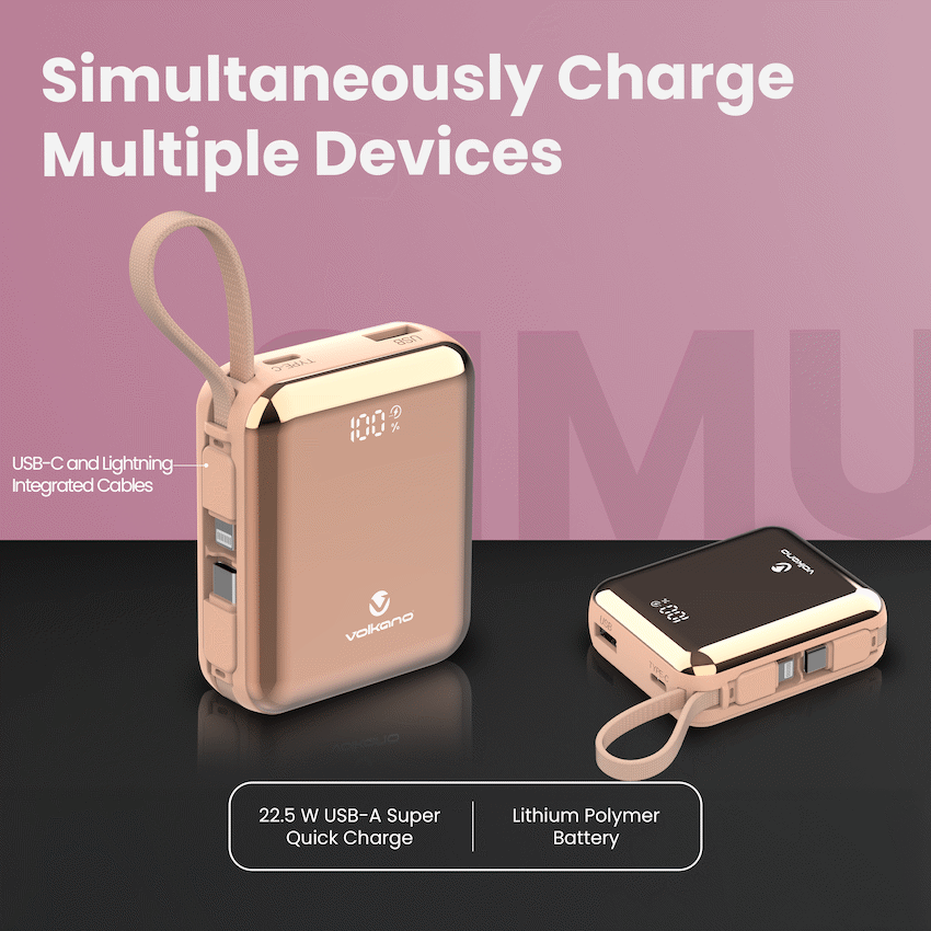 Volkano Solace Series 10 000 mAh Power Bank with Built-in USB-C & Lightning Cable - Pink & Rose Gold