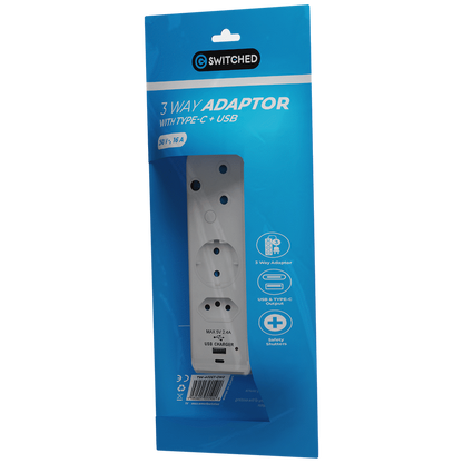Switched 3-Way Schuko Adaptor with Type C + USB