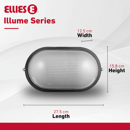 Ellies Illume Series - Large AC Oval Bulkhead - Aluminium  + Glass - E27 Base -BK