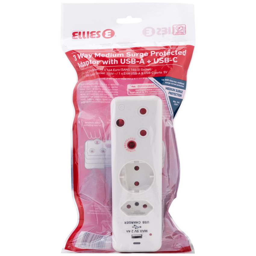 Ellies 3 Way Surge adaptor Schuko,with type C + USB - WT