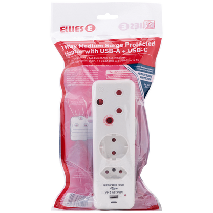Ellies 3 Way Surge adaptor Schuko,with type C + USB - WT