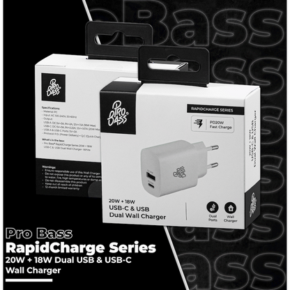 Pro Bass Rapidcharge Series 20w+18w Dual USB and Type-C Wall Charger - White