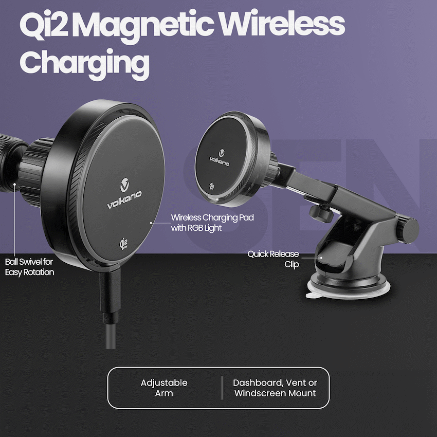 Volkano Sentinel Series Qi2.2 Magnetic Wireless Charging Car Dash Mount Phone Holder - Black