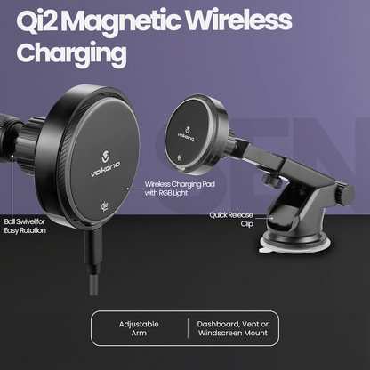 Volkano Sentinel Series Qi2.2 Magnetic Wireless Charging Car Dash Mount Phone Holder - Black
