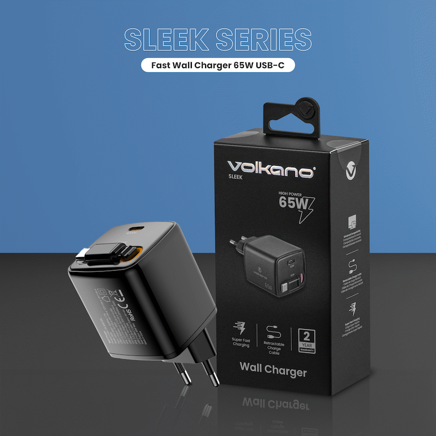 Volkano Sleek Series Fast Wall Charger 65W USB-C with Built-in Retractable 75cm Cable - Black