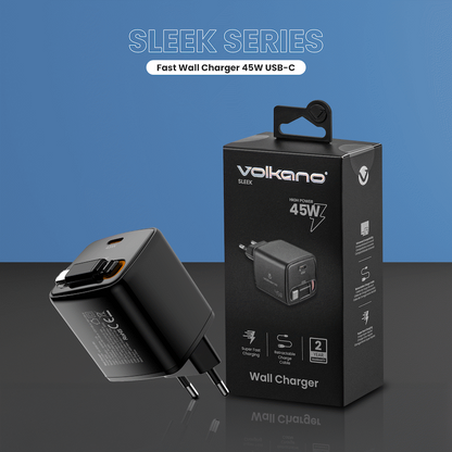 Volkano Sleek Series Fast Wall Charger 45W USB-C with Built-in Retractable 75cm Cable - Black