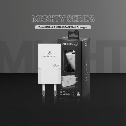 Volkano Mighty Series 20w Dual USB-A & USB-C GaN Wall Charger