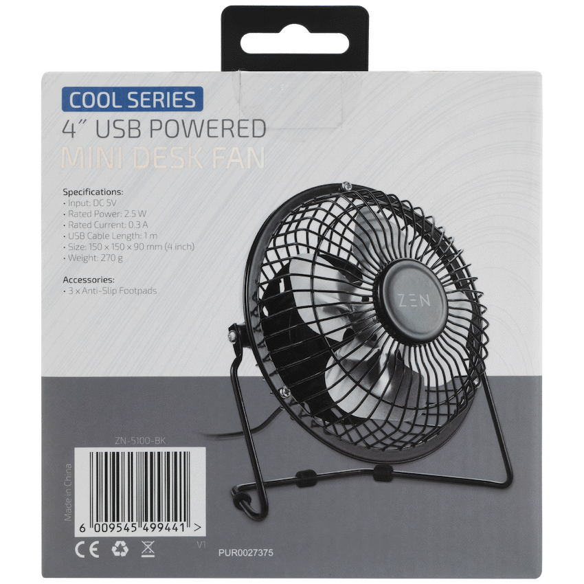 ZEN Cool Series 4" Mini Desk Fan - Black