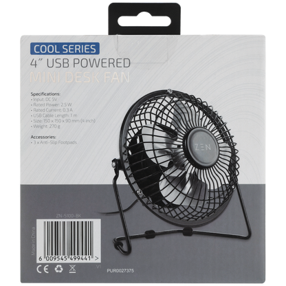ZEN Cool Series 4" Mini Desk Fan - Black