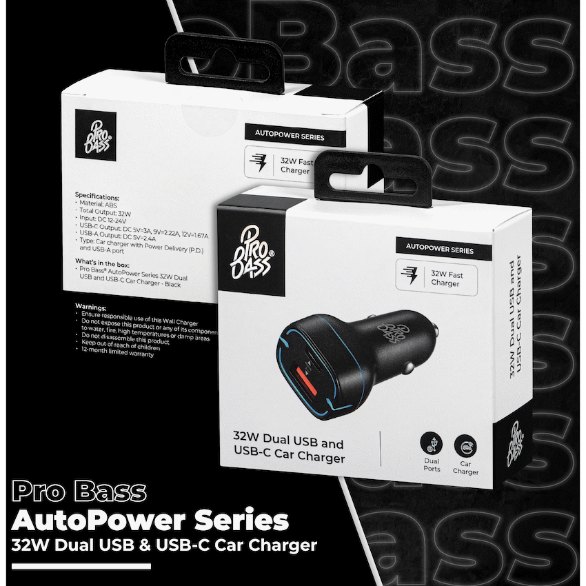 Pro Bass AutoPower Series 32w Dual USB and Type-C Car Charger