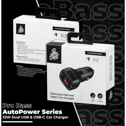 Pro Bass AutoPower Series 32w Dual USB and Type-C Car Charger