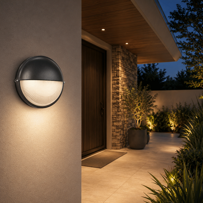 Ellies Arc Series - AC Round Bulkhead - Aluminium + Glass - E27 Base -BK