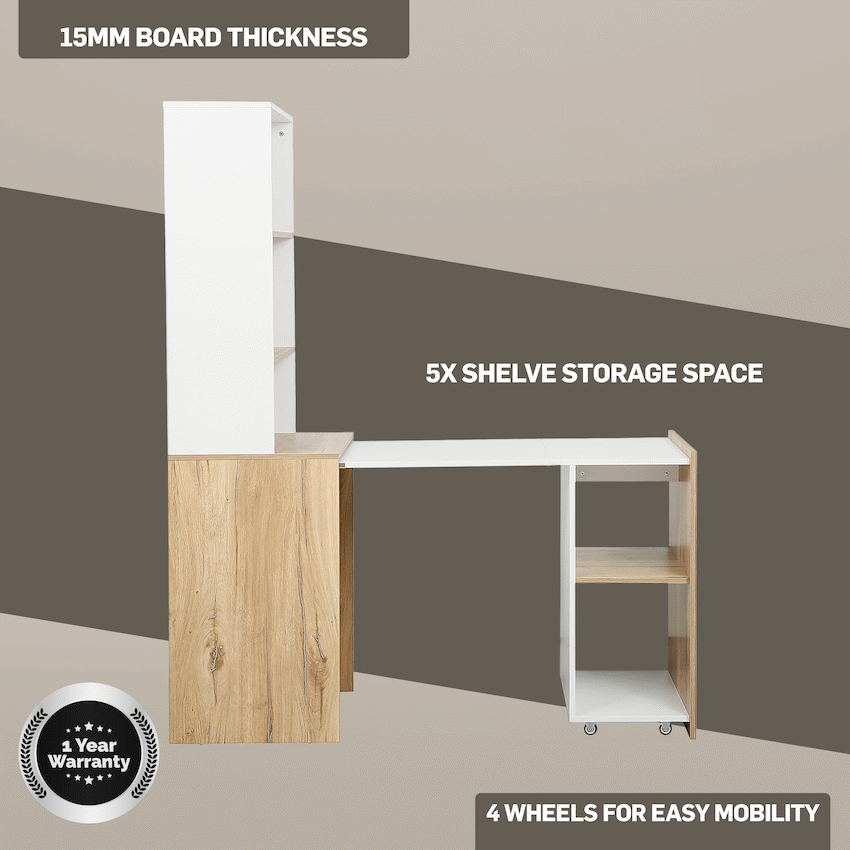 Everfurn Adaptive Desk with Bookshelf - White and Light Oak