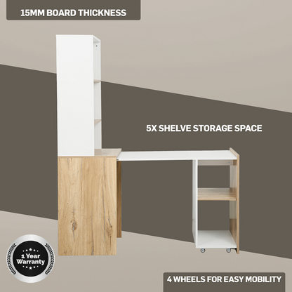 Everfurn Adaptive Desk with Bookshelf - White and Light Oak