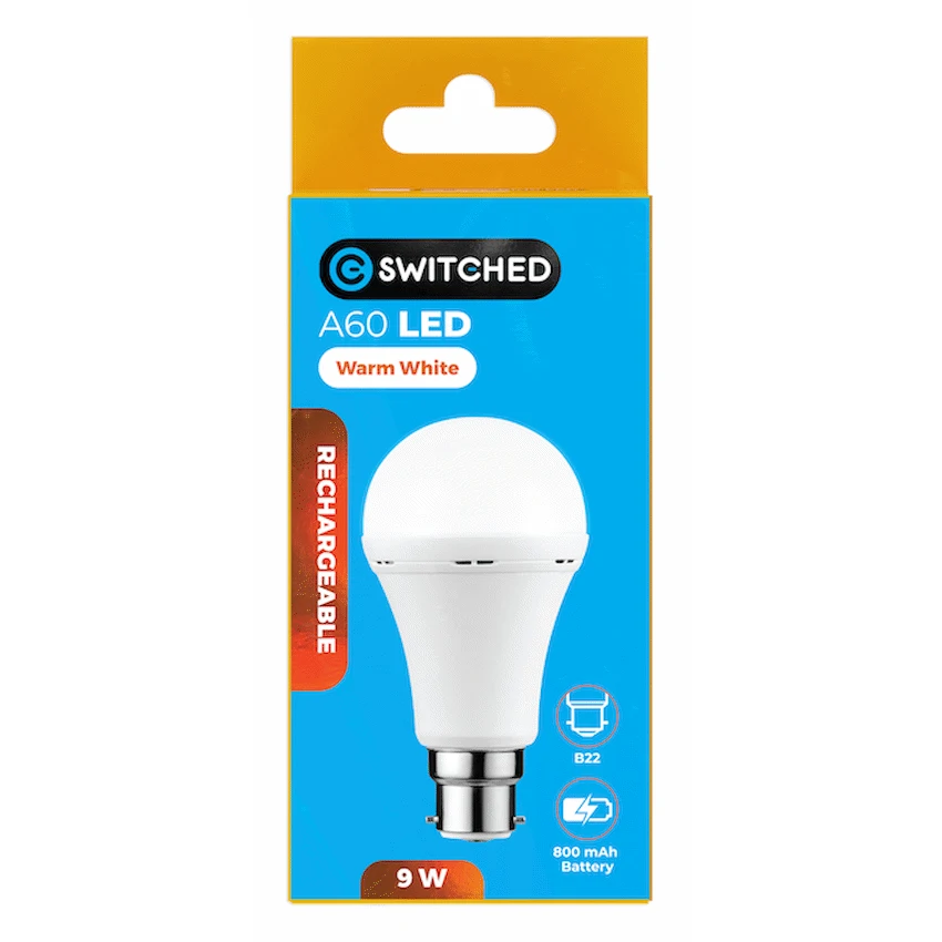 Switched 9w A60 Rechargeable LED Light Bulb - B22 - Warm White