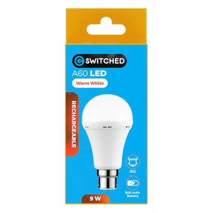 Switched 9w A60 Rechargeable LED Light Bulb - B22 - Warm White