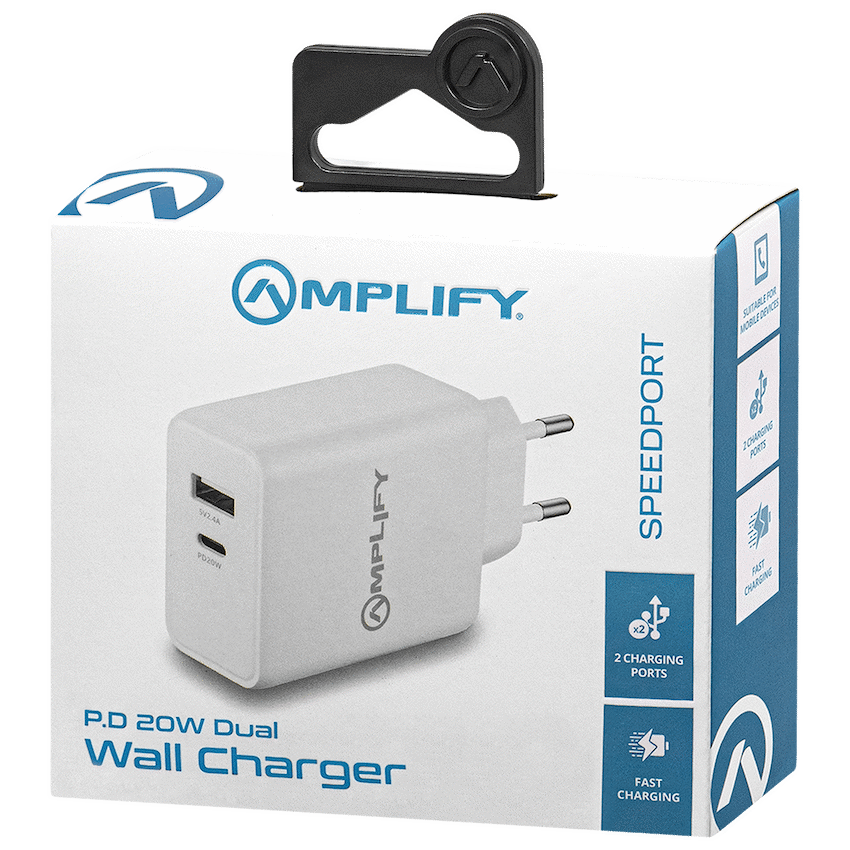Amplify P.D. 20w Plus USB 12w Dual Wall Charger - White