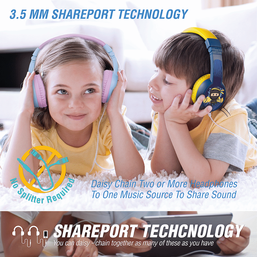 Volkano Sidekick Series Wired Kiddies Headphones with Share Port - Yellow/Blue